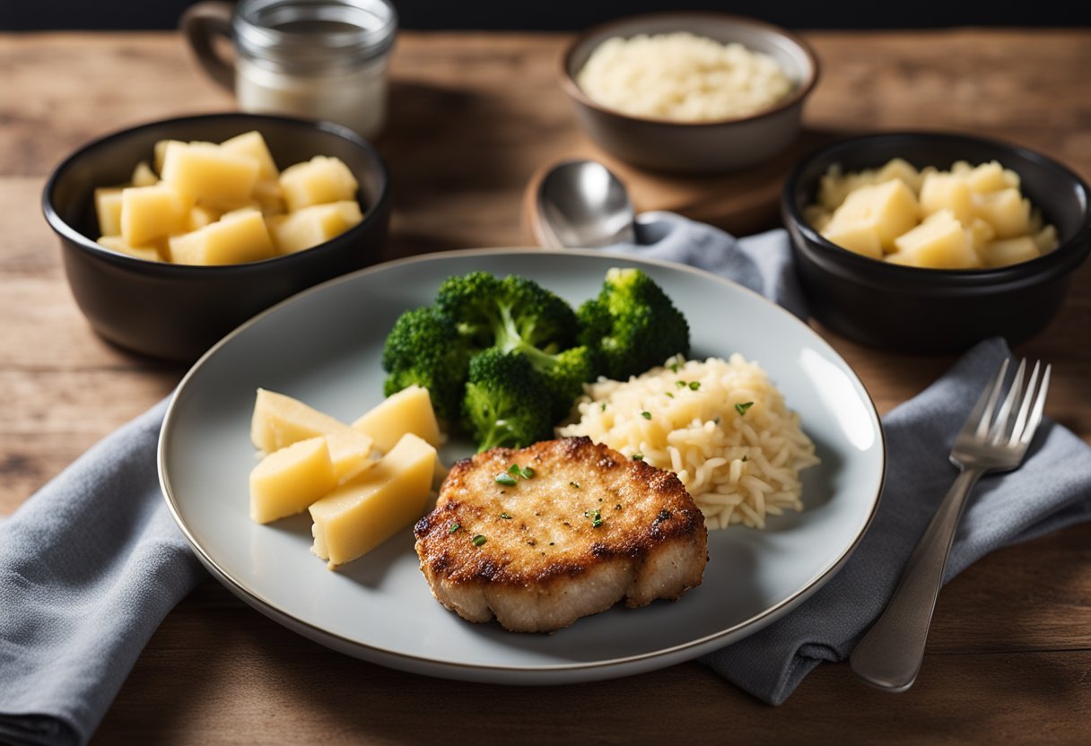 A plate of parmesan crusted pork chops surrounded by low carb, high protein meal prep containers