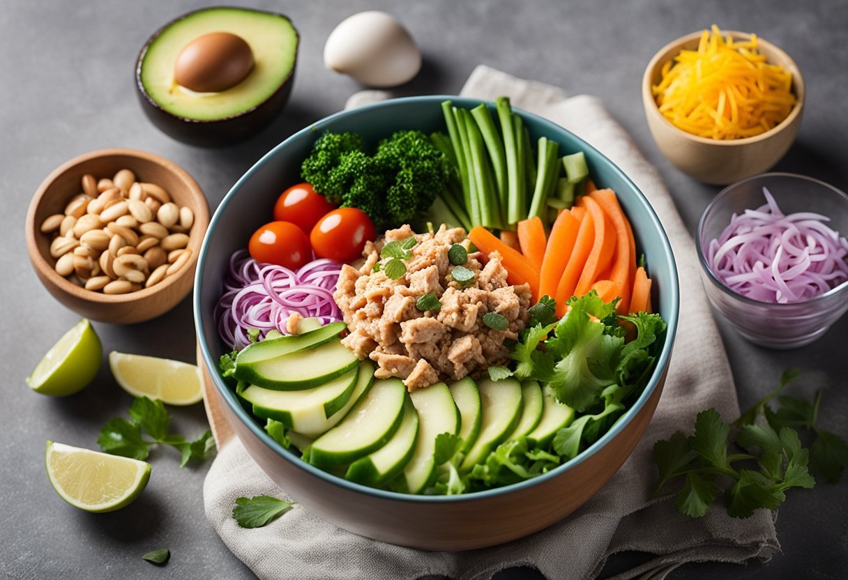 A colorful bowl filled with spicy tuna salad surrounded by low-carb, high-protein meal prep ingredients like vegetables, nuts, and eggs