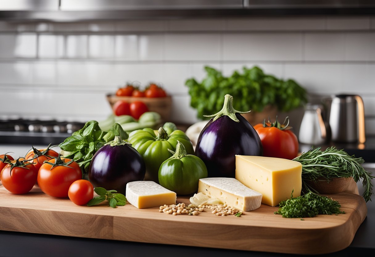 A colorful array of ingredients including eggplant, tomatoes, cheese, and herbs arranged on a kitchen counter