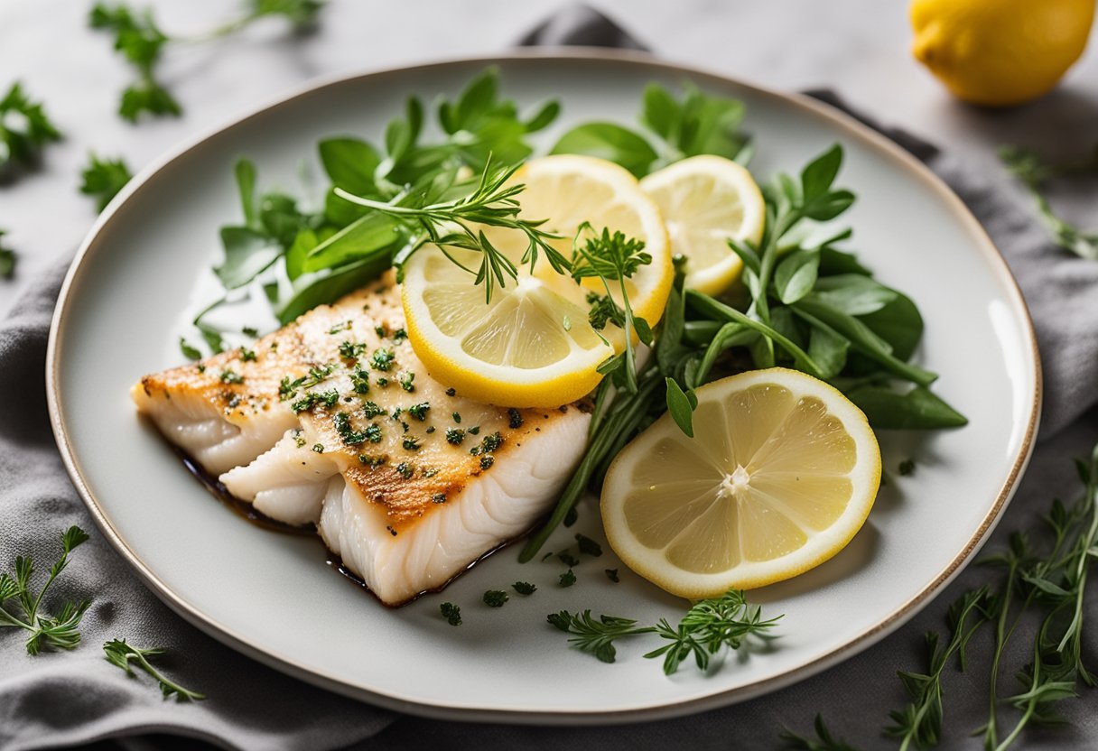 A plate of baked cod topped with lemon slices and fresh herbs, surrounded by low-carb, high-protein meal prep containers