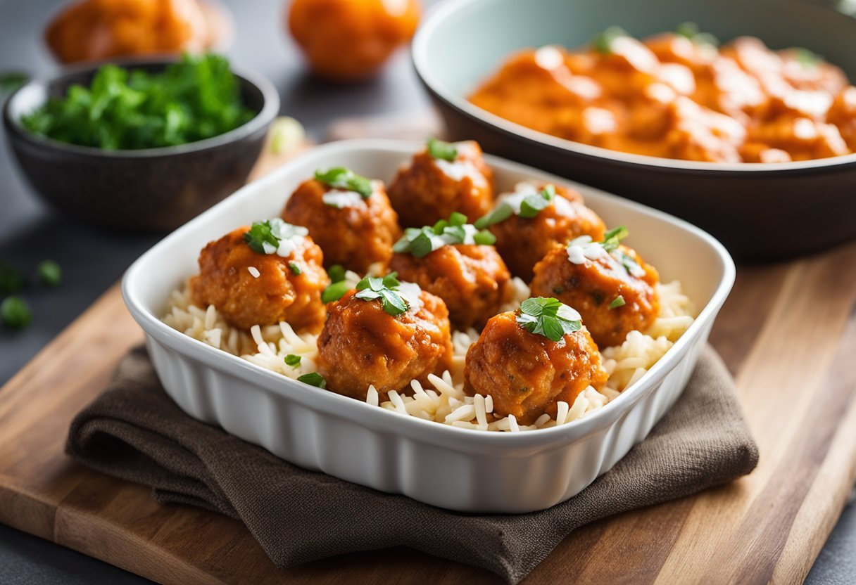 Buffalo chicken meatballs on a white plate surrounded by colorful low-carb, high-protein meal prep containers