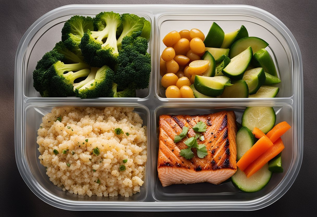 A plate of Cajun grilled salmon with a side of vegetables and a portion of quinoa, neatly arranged in a meal prep container