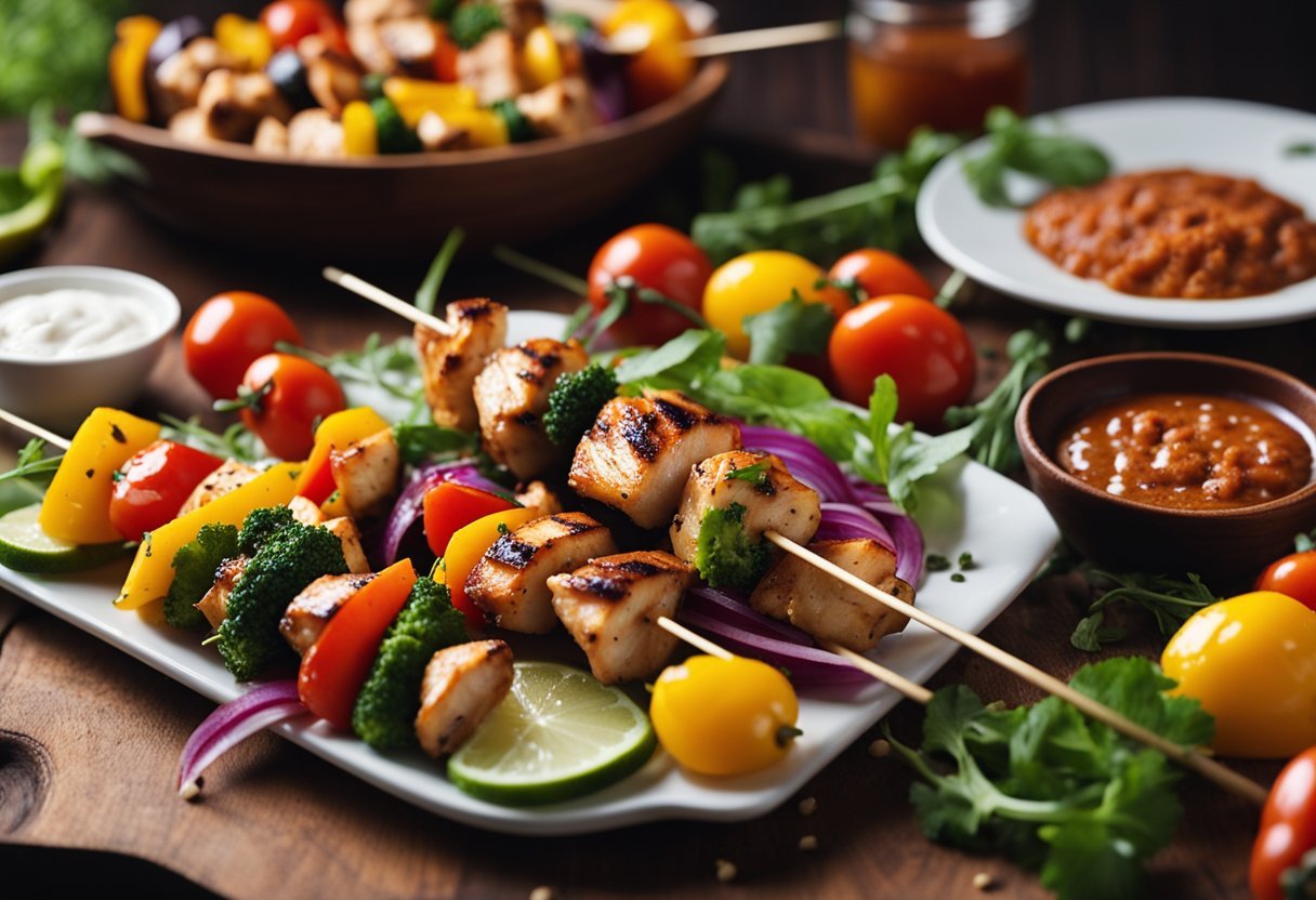 A plate of grilled chicken skewers with colorful vegetables, sprinkled with smoked paprika, arranged neatly on a wooden cutting board