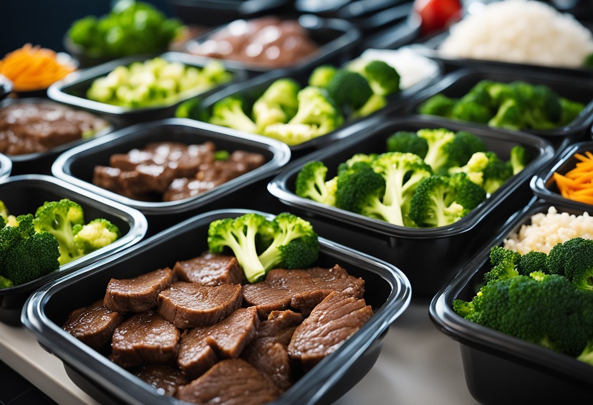 A colorful array of cooked beef, broccoli, and other low-carb, high-protein ingredients arranged in meal prep containers