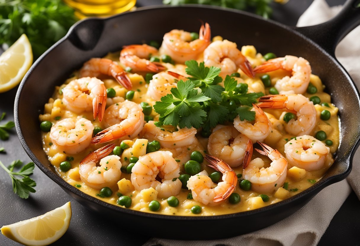 A skillet sizzling with plump shrimp coated in golden garlic butter, surrounded by vibrant low-carb, high-protein ingredients ready for meal prep