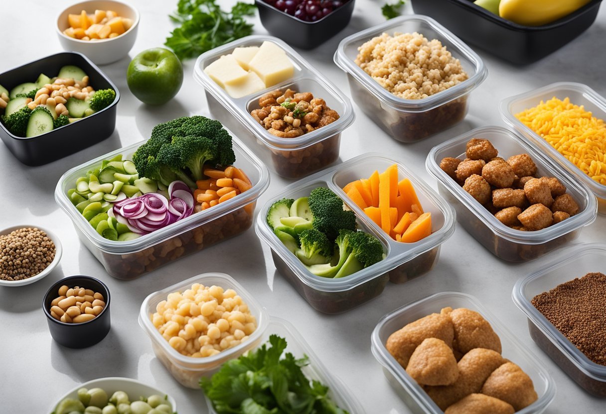 A variety of low carb, high protein meal prep containers arranged on a clean, white countertop with colorful, fresh ingredients in the background