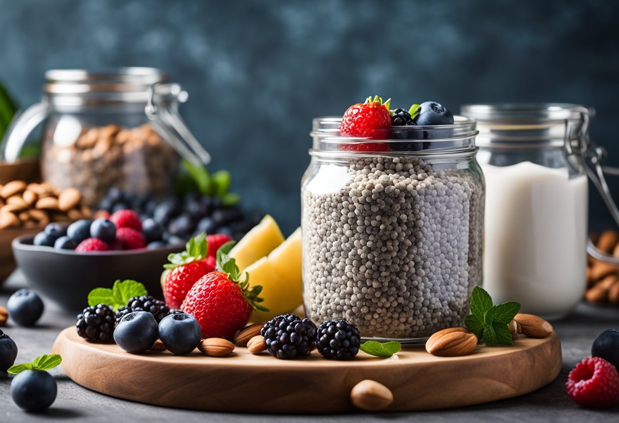 A glass jar filled with chia seed pudding surrounded by various low carb, high protein meal prep ingredients like nuts, berries, and yogurt