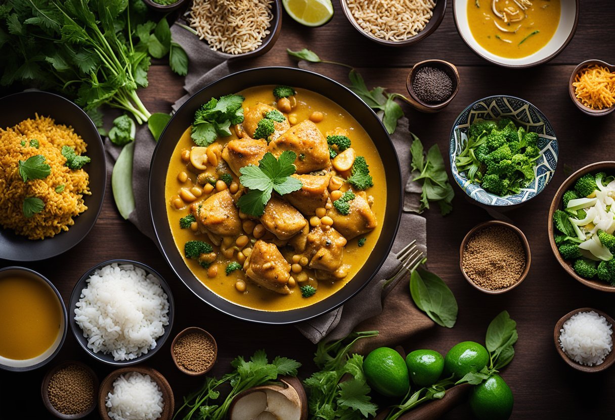 A colorful plate of coconut curry chicken thighs surrounded by low carb, high protein meal prep ingredients