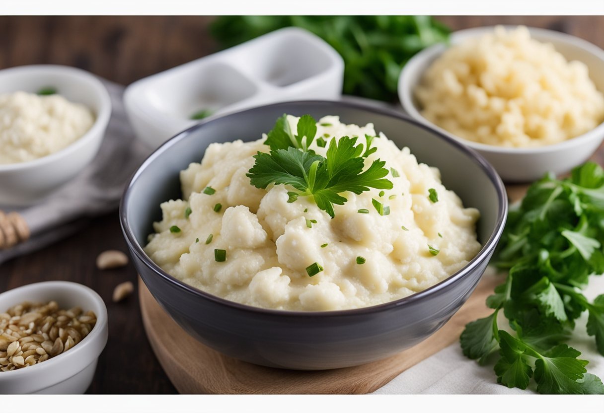 A bowl of creamy cauliflower mash topped with roasted garlic, surrounded by various low-carb, high-protein meal prep containers