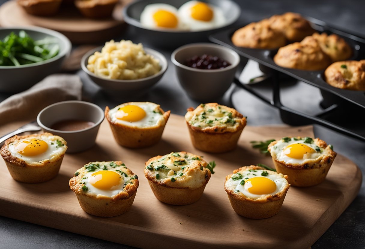 A kitchen counter with a tray of freshly baked egg muffin cups surrounded by various low carb, high protein meal prep ingredients and utensils