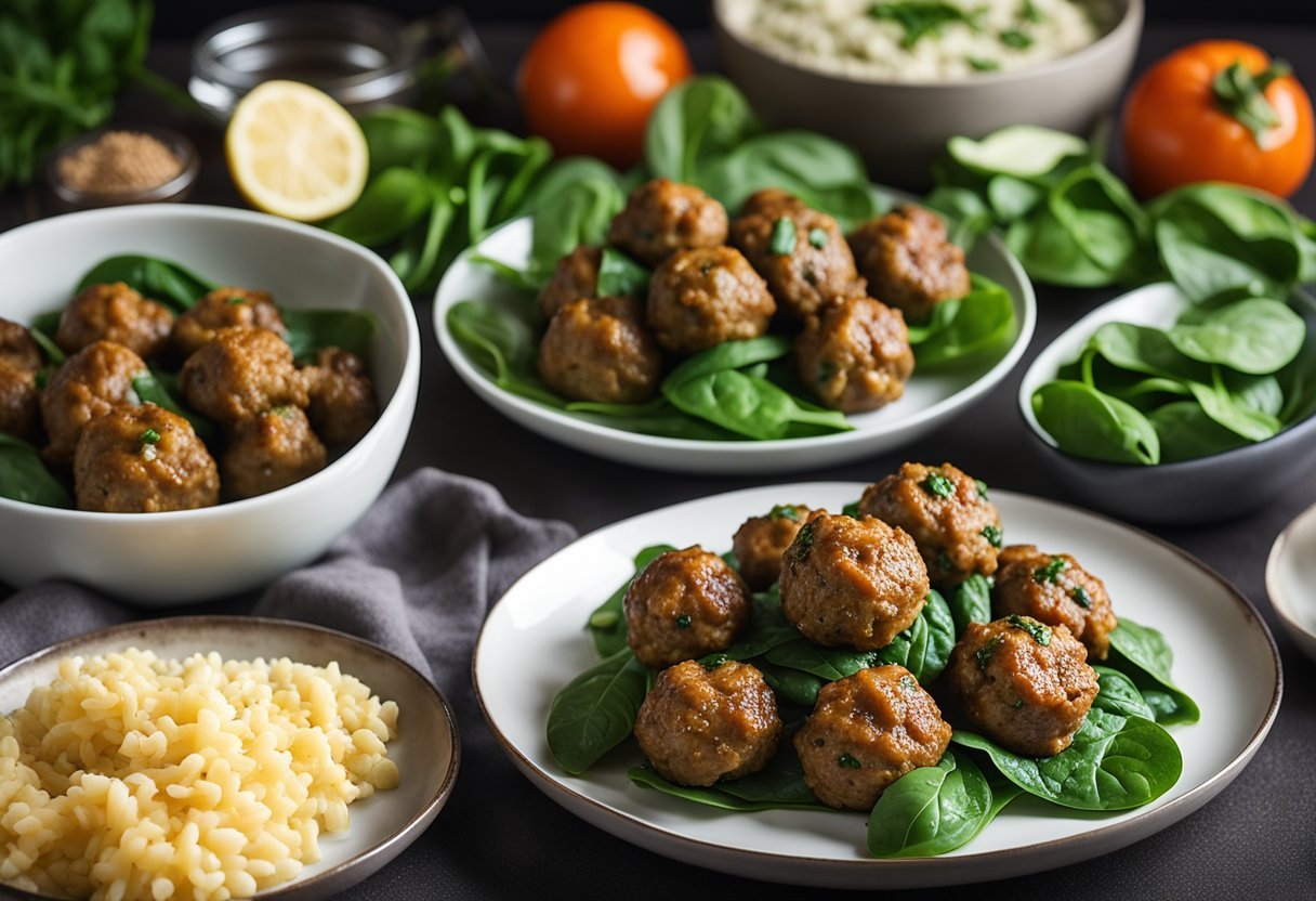 A plate of turkey and spinach meatballs surrounded by low carb, high protein meal prep ingredients