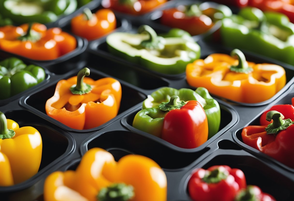 A colorful array of bell peppers, filled with a variety of low carb, high protein ingredients, neatly arranged on a meal prep tray