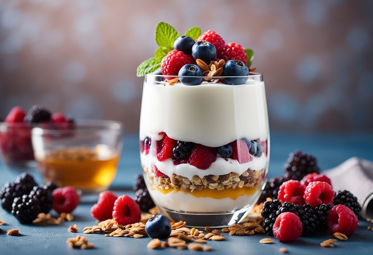 A glass parfait dish filled with layers of Greek yogurt, mixed berries, and granola, topped with a sprinkle of chia seeds and a drizzle of honey