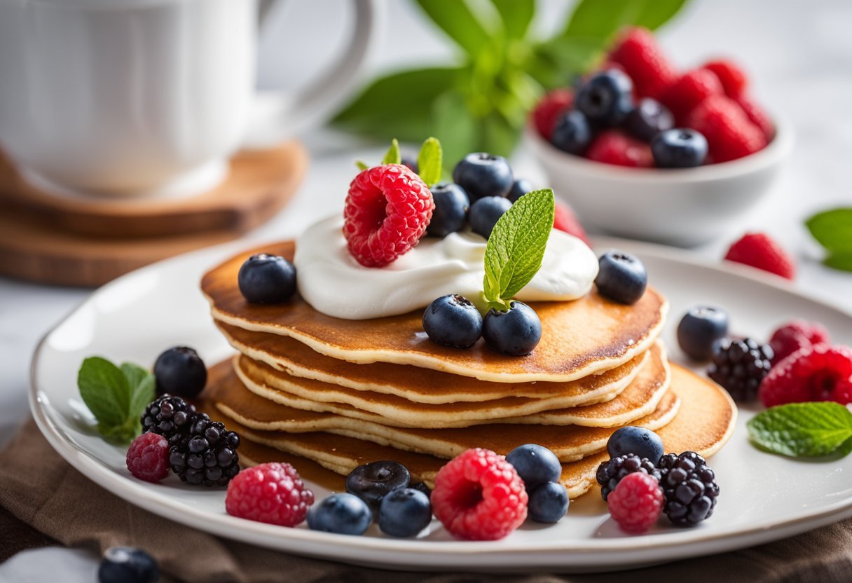 A stack of almond flour pancakes surrounded by fresh berries and a dollop of whipped cream on a white plate