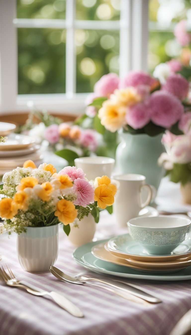 A table set with floral tablecloths, surrounded by spring decor such as flowers, pastel-colored accents, and natural light streaming in through the windows