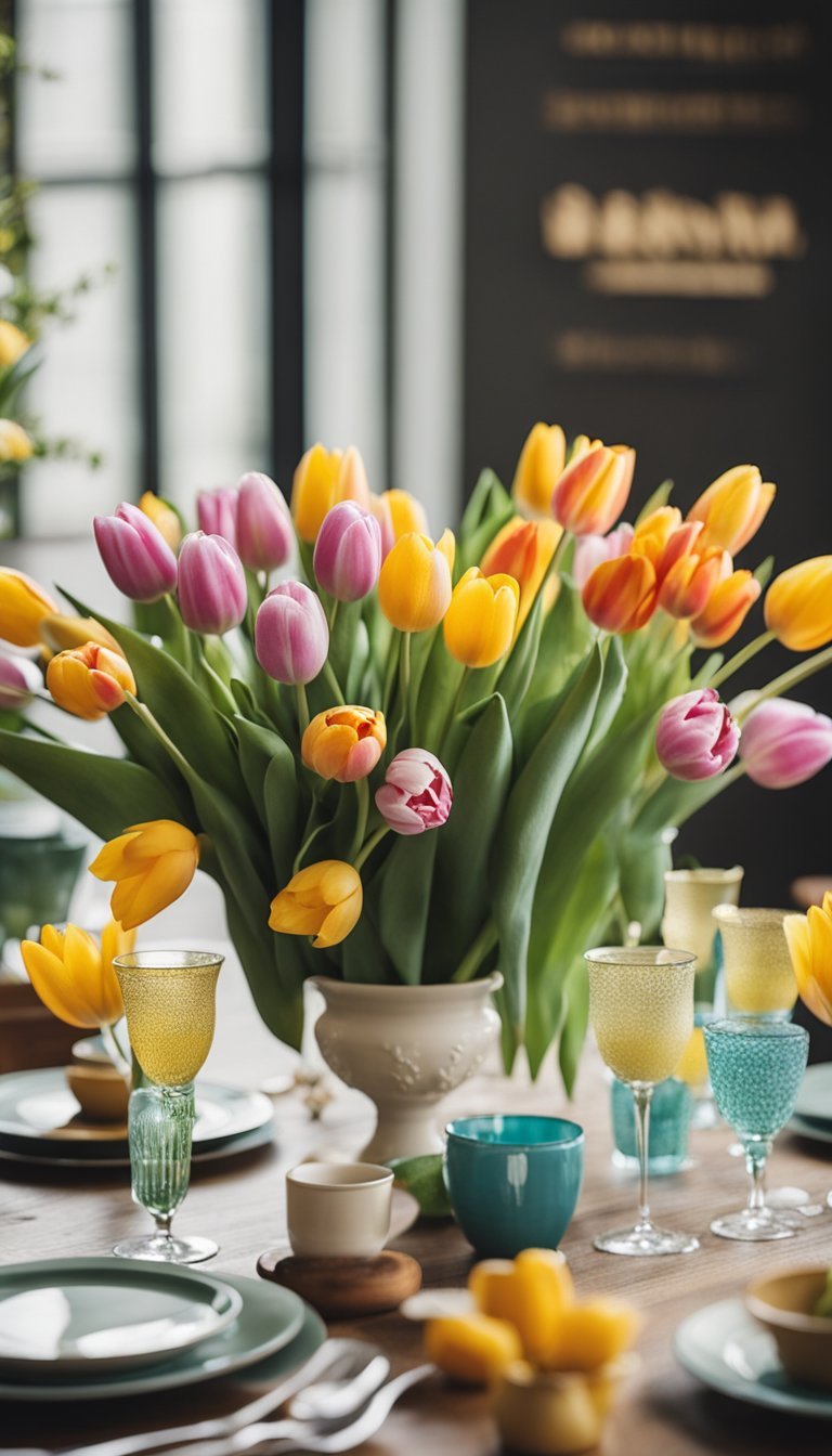 A table adorned with various fresh tulip arrangements in colorful vases, surrounded by spring-themed decor