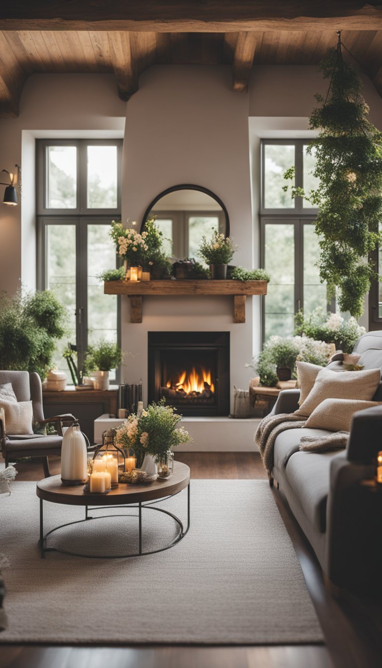 A cozy living room with a fireplace, adorned with rustic wooden lanterns, surrounded by spring flowers and greenery