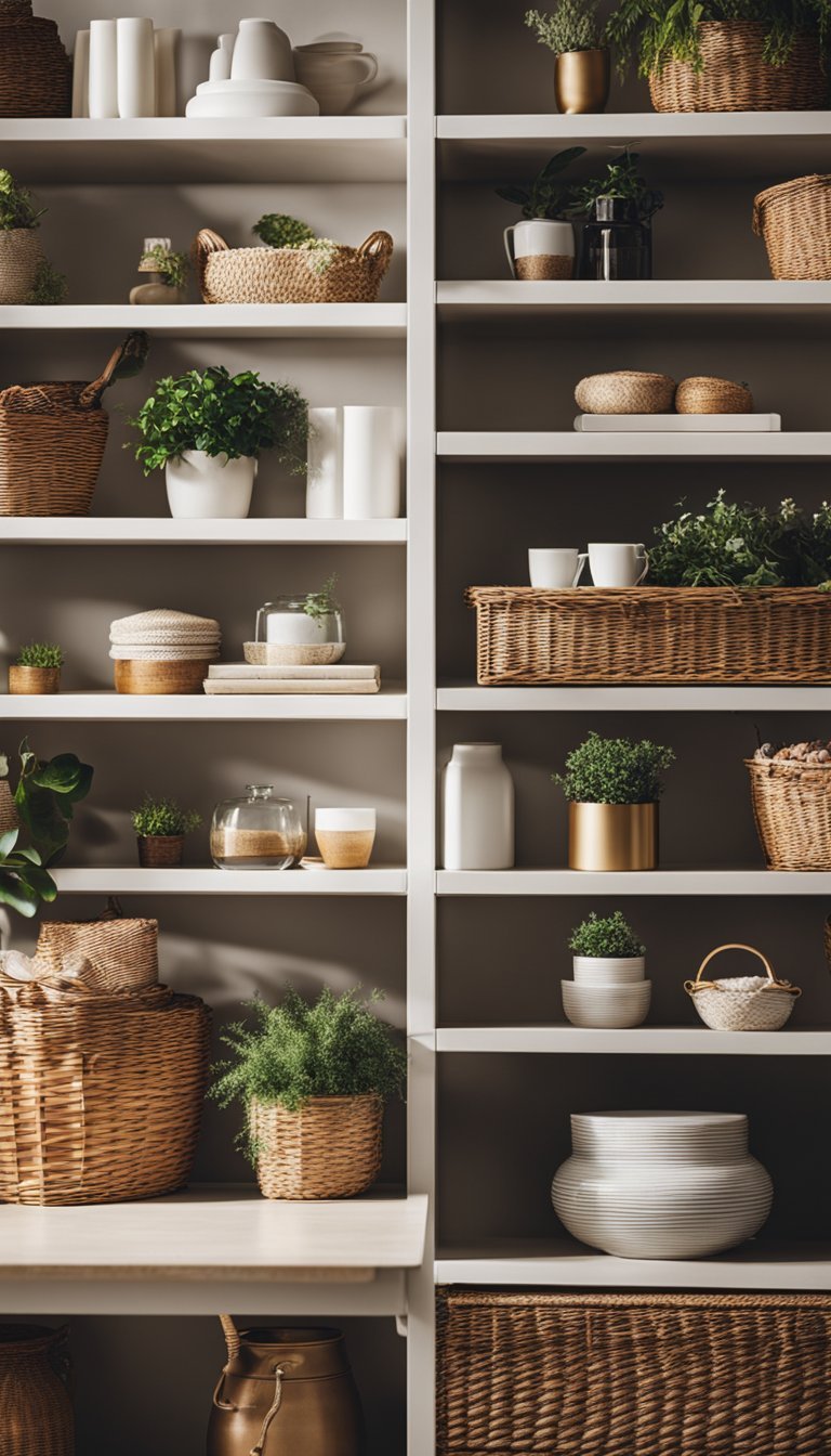 A cozy living room with wicker baskets arranged neatly on shelves and under tables, adding a touch of rustic charm to the spring decor