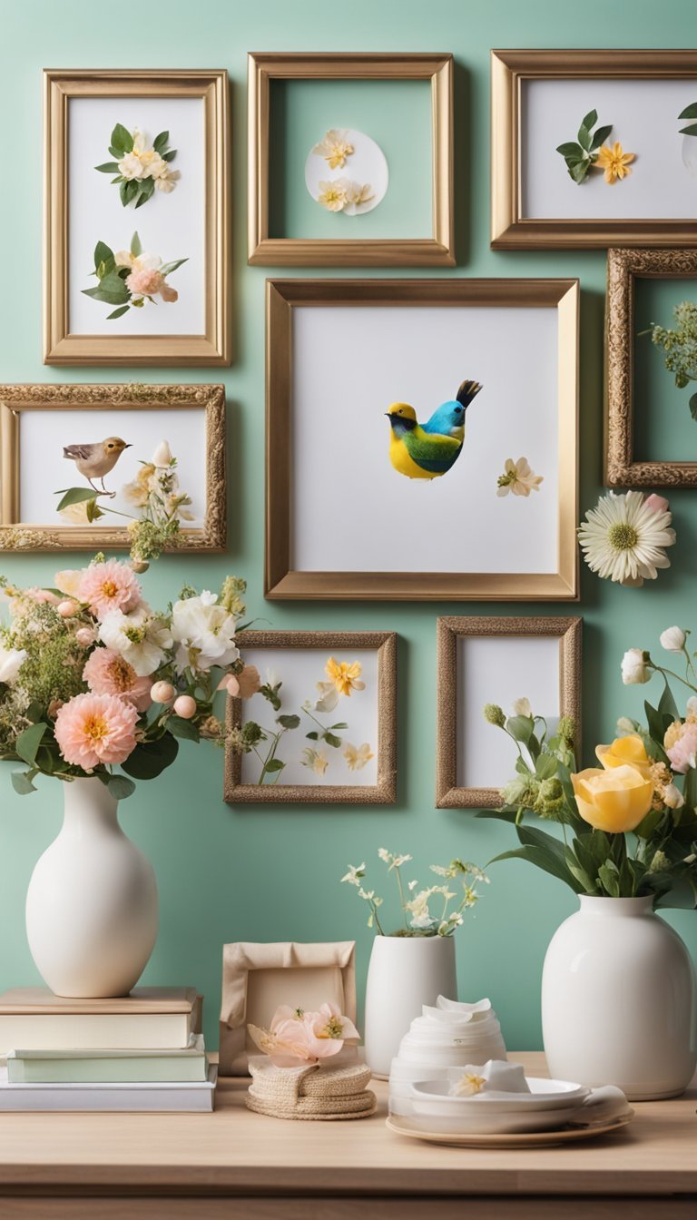 A collection of decorative picture frames arranged on a wall, surrounded by spring-themed decor such as flowers, birds, and pastel colors