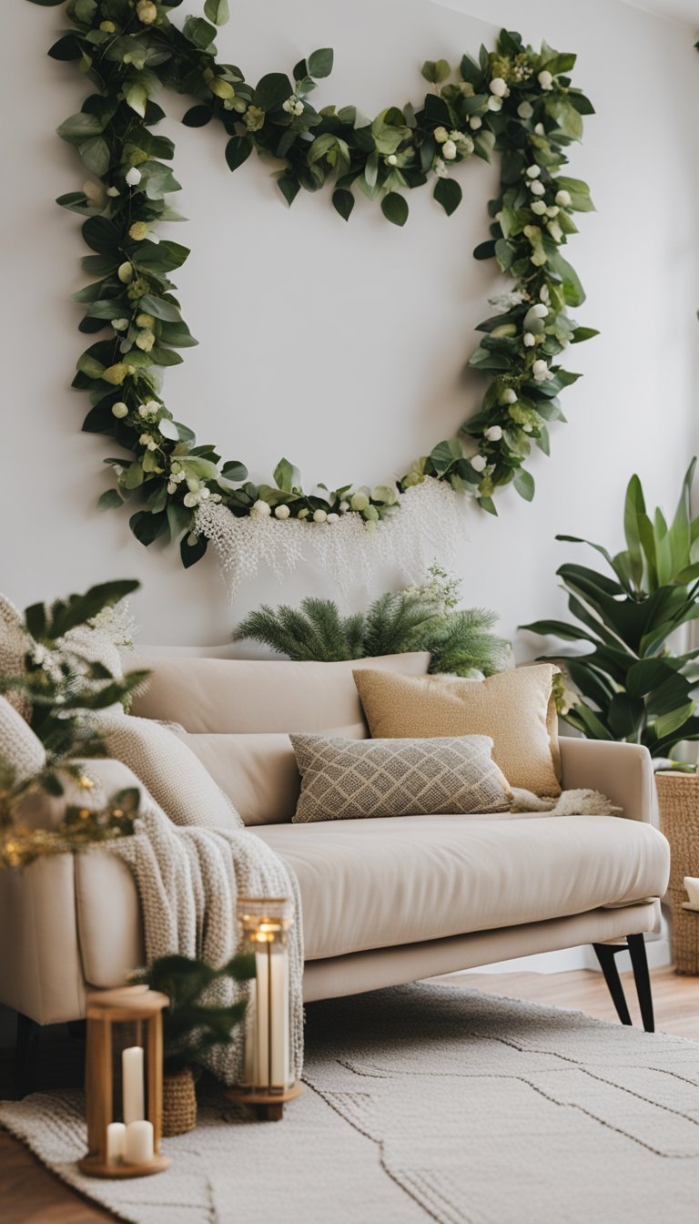 A cozy living room adorned with faux leaf garlands, adding a touch of spring to the home decor