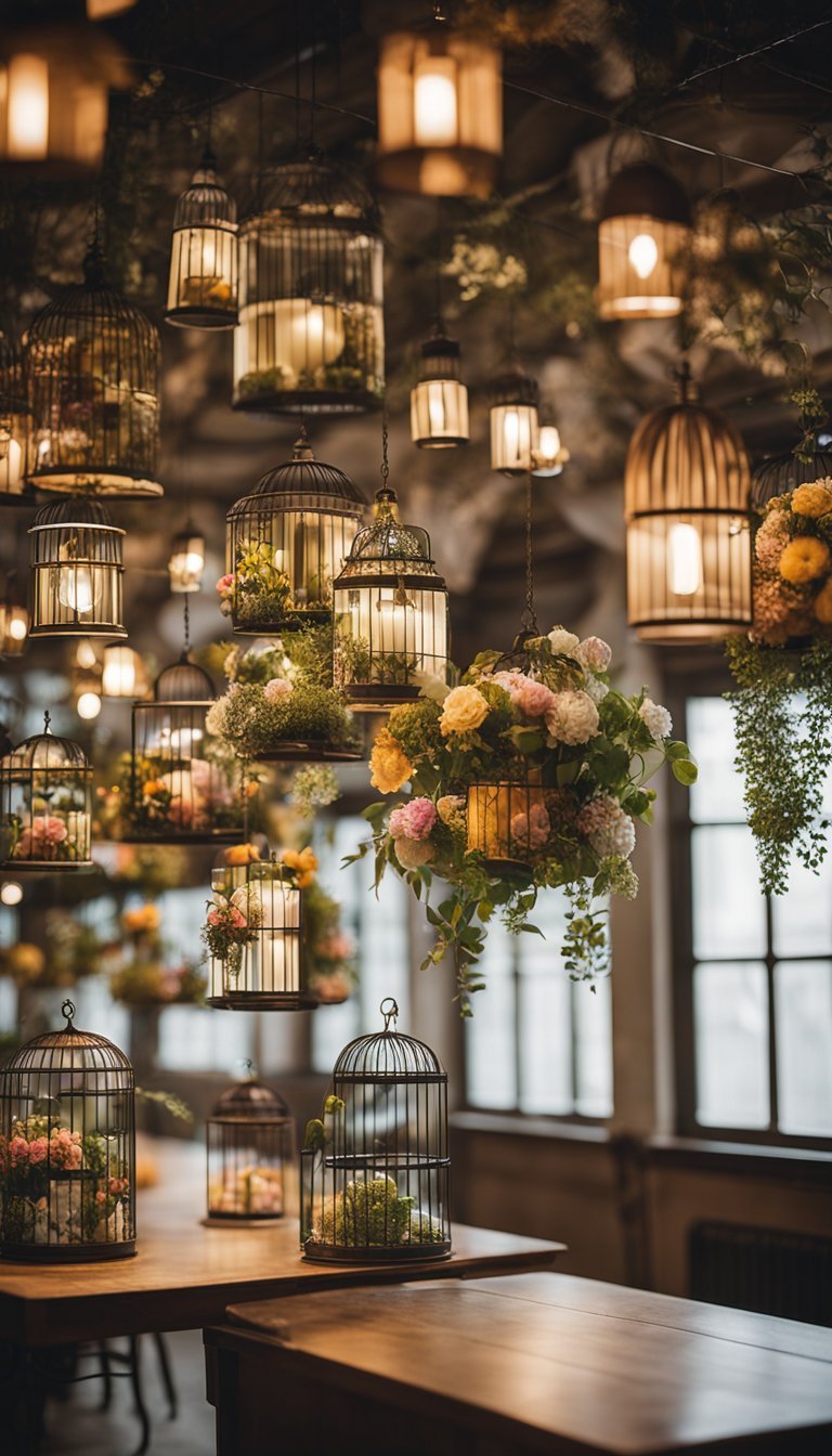 A sunlit room filled with various decorative birdcages hanging from the ceiling and nestled on shelves, each adorned with colorful flowers and trailing vines