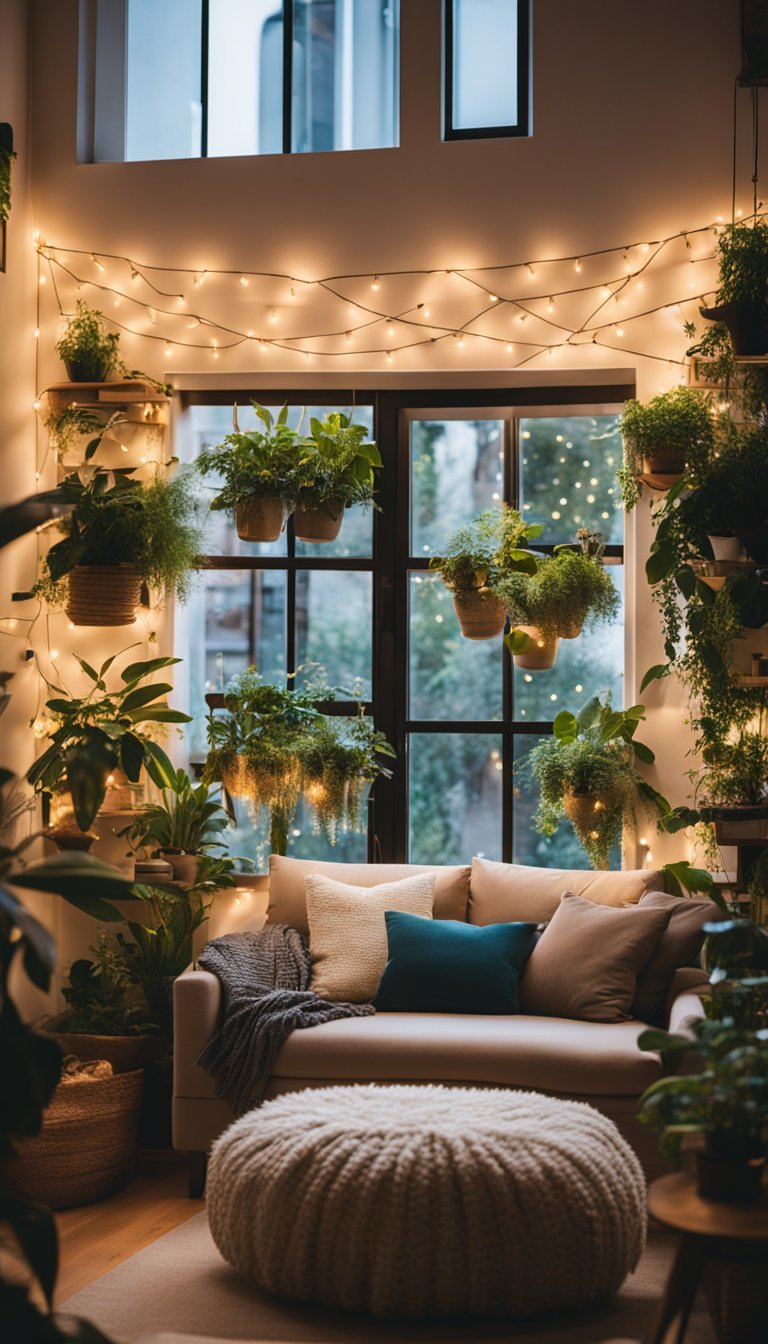 A cozy living room with multicolor string lights draped around the windows and woven through potted plants and shelves, creating a warm and festive atmosphere