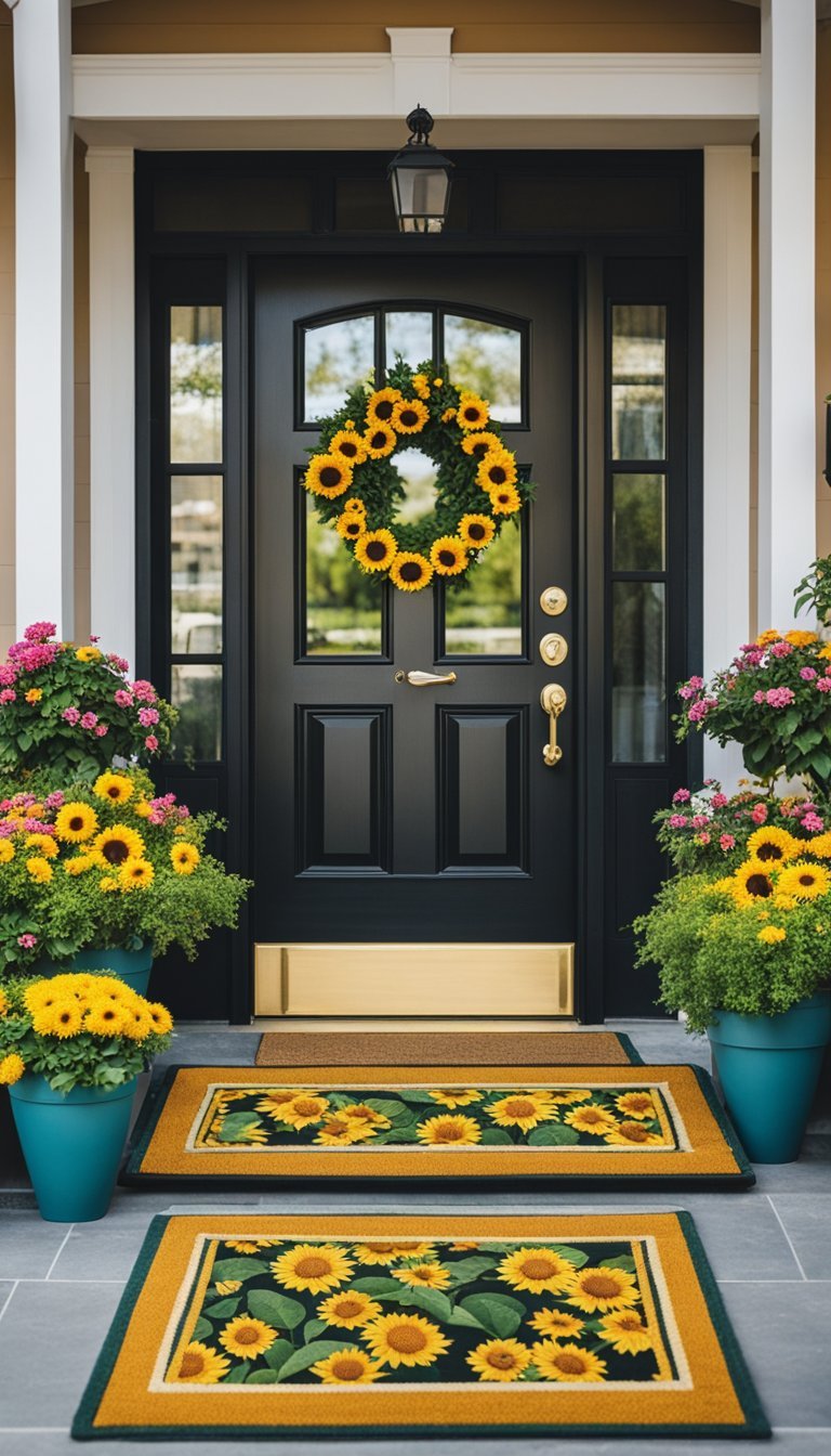 A front door with sunflower-themed doormats, surrounded by potted plants and colorful spring decorations