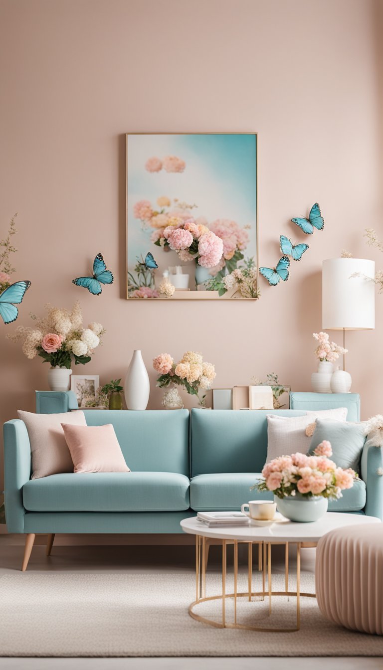 A bright, airy living room with pastel walls and butterfly-themed decor. A large floral centerpiece sits on a coffee table, surrounded by delicate butterfly wall art and decorative pillows