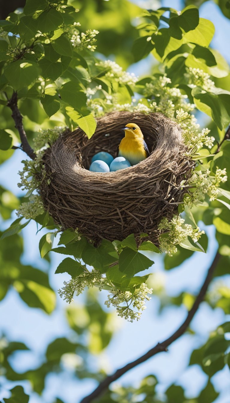 A colorful bird's nest perched on a tree branch, surrounded by blooming flowers and green foliage, with a bright blue sky in the background