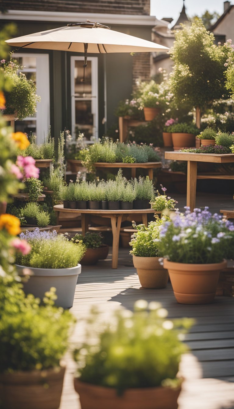 A sunny patio with colorful herb planters, surrounded by blooming flowers and greenery. A cozy outdoor space with a springtime vibe