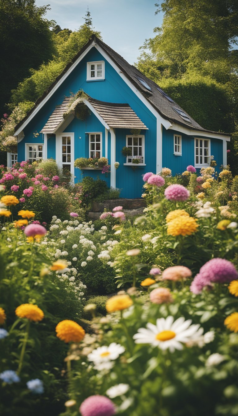 A lush garden bursting with colorful flowers, surrounded by a quaint cottage and a bright blue sky