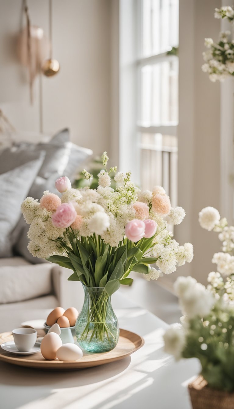 The room features eggshell painted walls adorned with spring decor, including fresh flowers, pastel-colored throw pillows, and a light, airy atmosphere