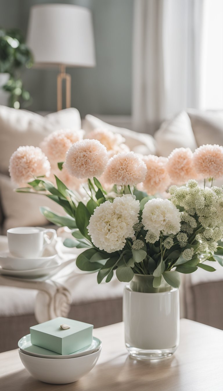 A bright living room with pastel-colored throw pillows, fresh flower arrangements, and a light, airy atmosphere