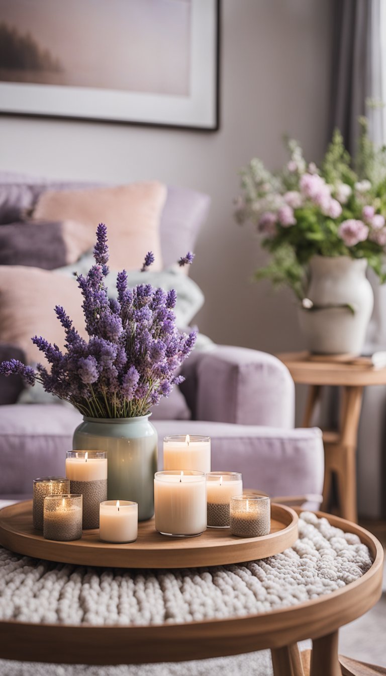 A cozy living room with a wooden coffee table adorned with lavender scented candles, surrounded by spring decor such as floral arrangements and pastel-colored accents