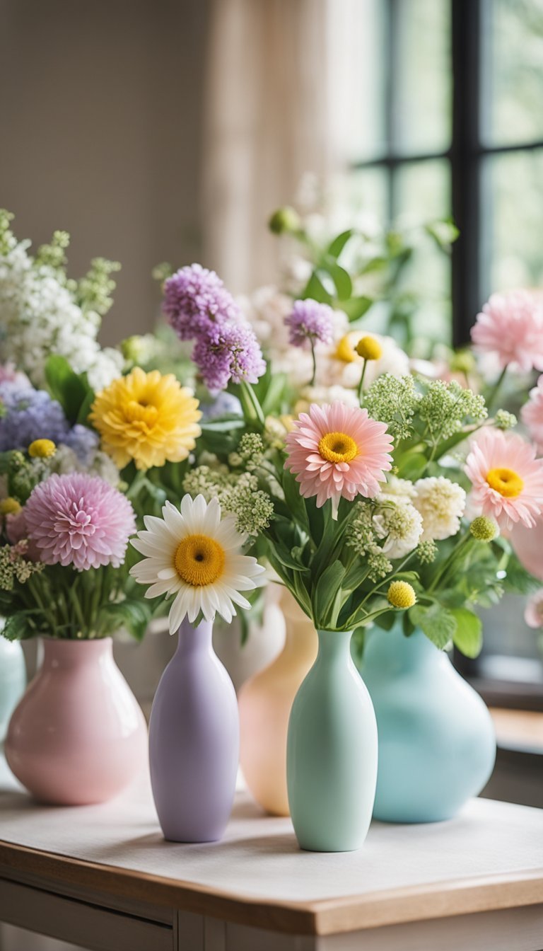 A table adorned with various pastel painted vases, surrounded by spring flowers and greenery, creating a bright and cheerful home decor scene