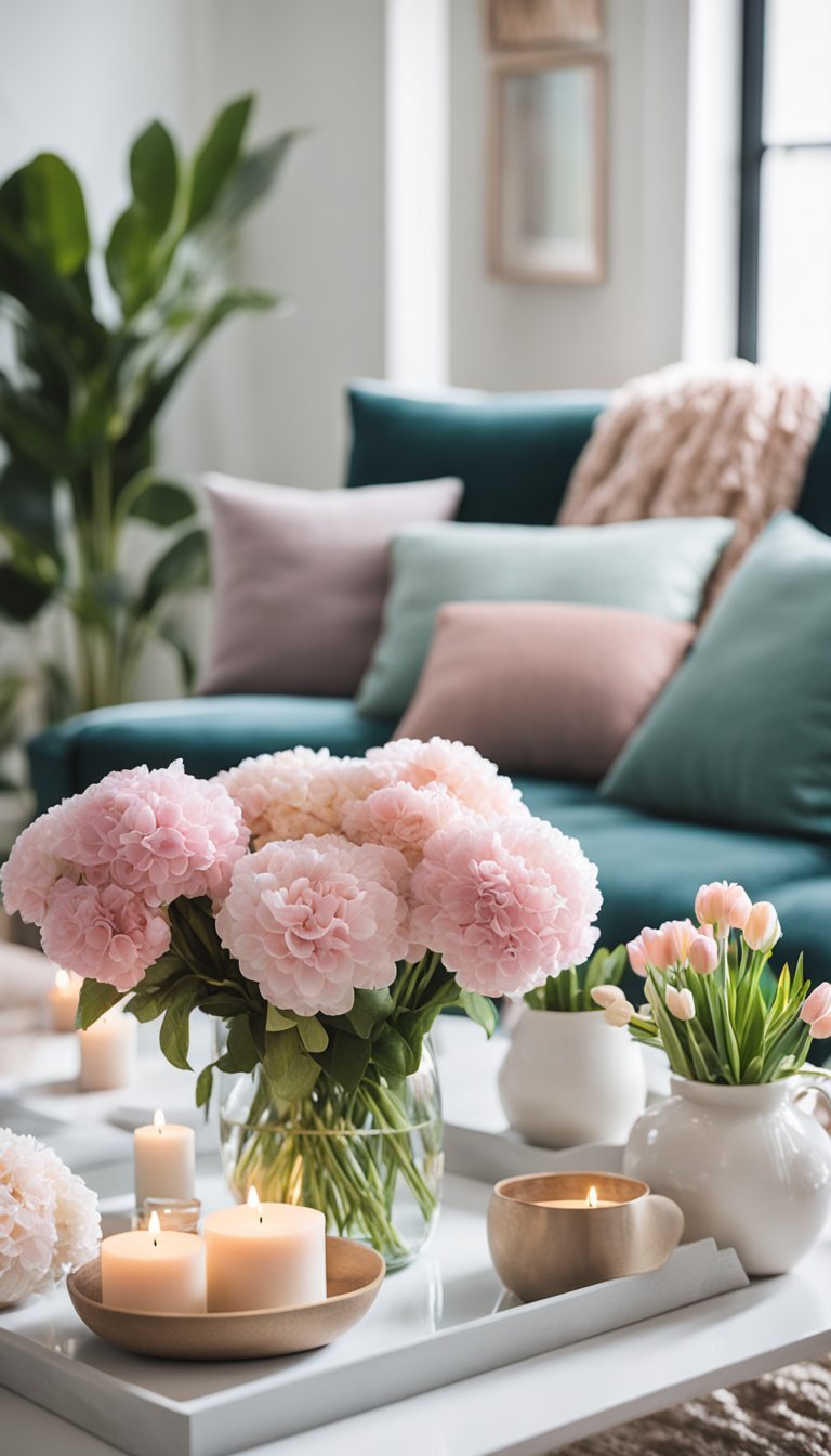 A cozy living room with two velvet upholstered ottomans surrounded by spring decor such as fresh flowers, pastel throw pillows, and light, airy curtains