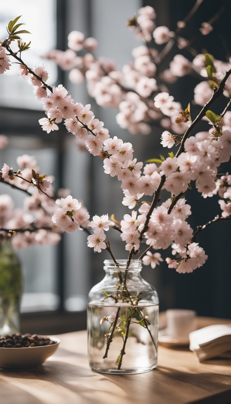 A vase filled with cherry blossom branches sits on a table, surrounded by spring decor