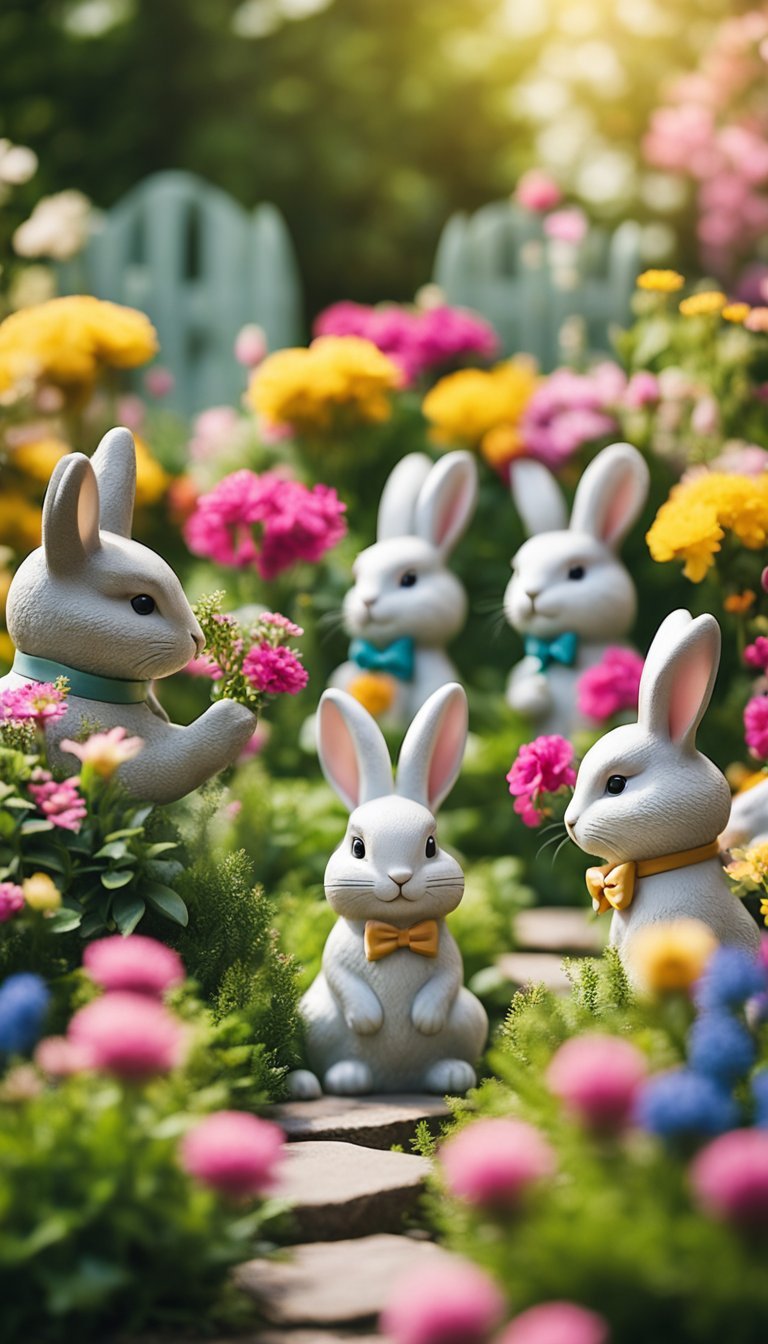 A garden with various bunny statues surrounded by colorful flowers and greenery, creating a whimsical and cheerful springtime atmosphere