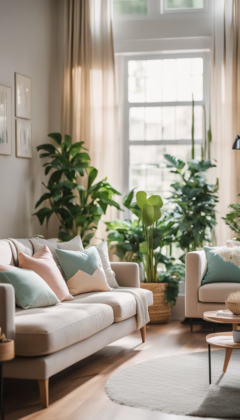 A cozy living room with pastel throw pillows on a floral print couch, surrounded by potted plants and natural light streaming in through the windows